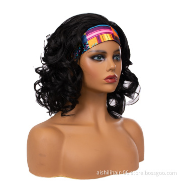 AISHILI hair wig short black wave culy bob synthetic wigs with headband for women